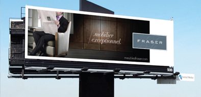 A Fraser billboard featuring a sophisticated furniture advertisement with the tagline 'mobilier exceptionnel' and a modern design.