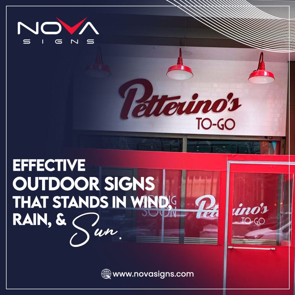 Custom outdoor signs installed at the entrance of a restaurant, showcasing durability against weather elements like wind, rain, and sun.