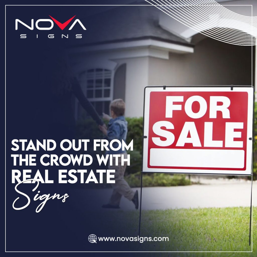 A real estate sign in front of a house with a "For Sale" label, demonstrating how custom real estate signage can make properties stand out.