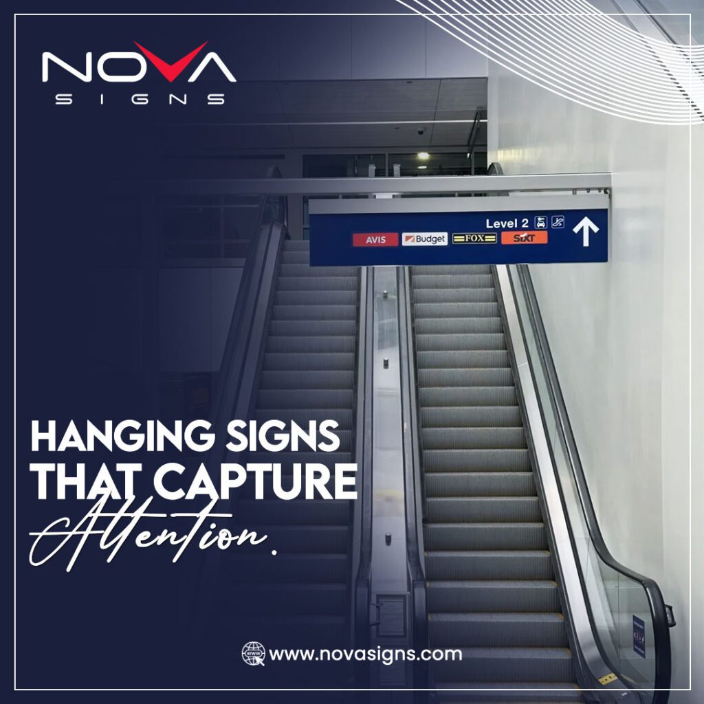 Hanging directional sign – Clear, professional overhead signage for wayfinding in airports, malls, and commercial spaces.