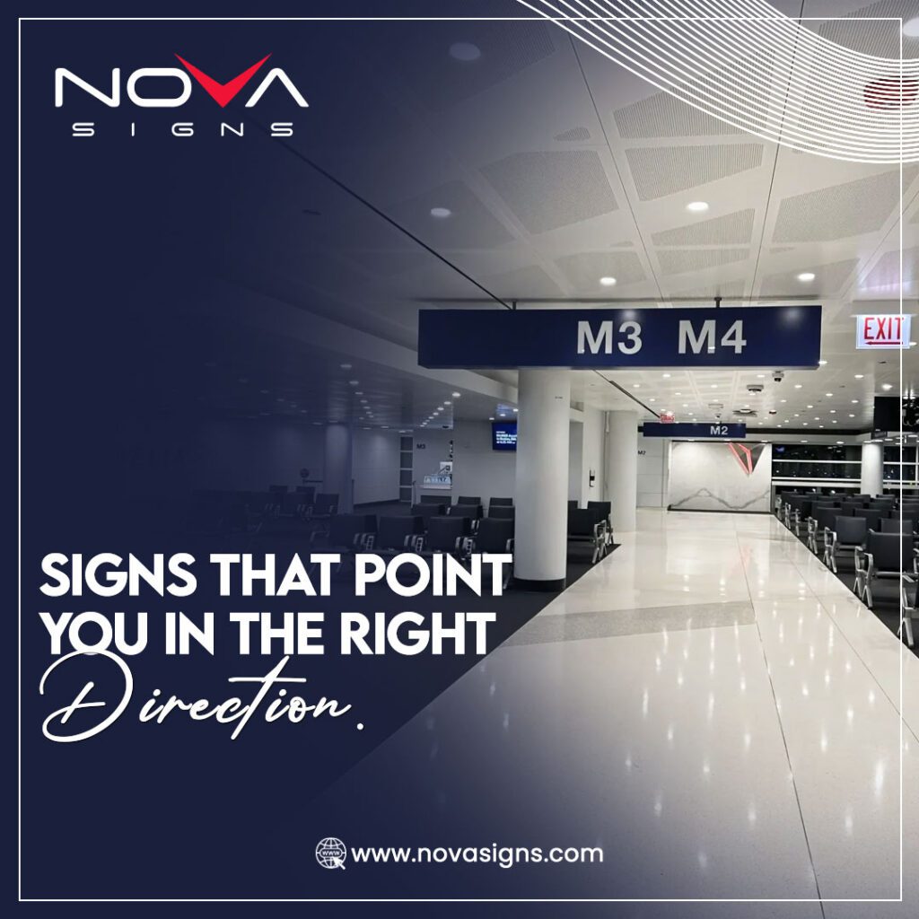 Navigation signs directing passengers towards gates M3, M4, and M2 at an airport, showcasing clear wayfinding for efficient movement.