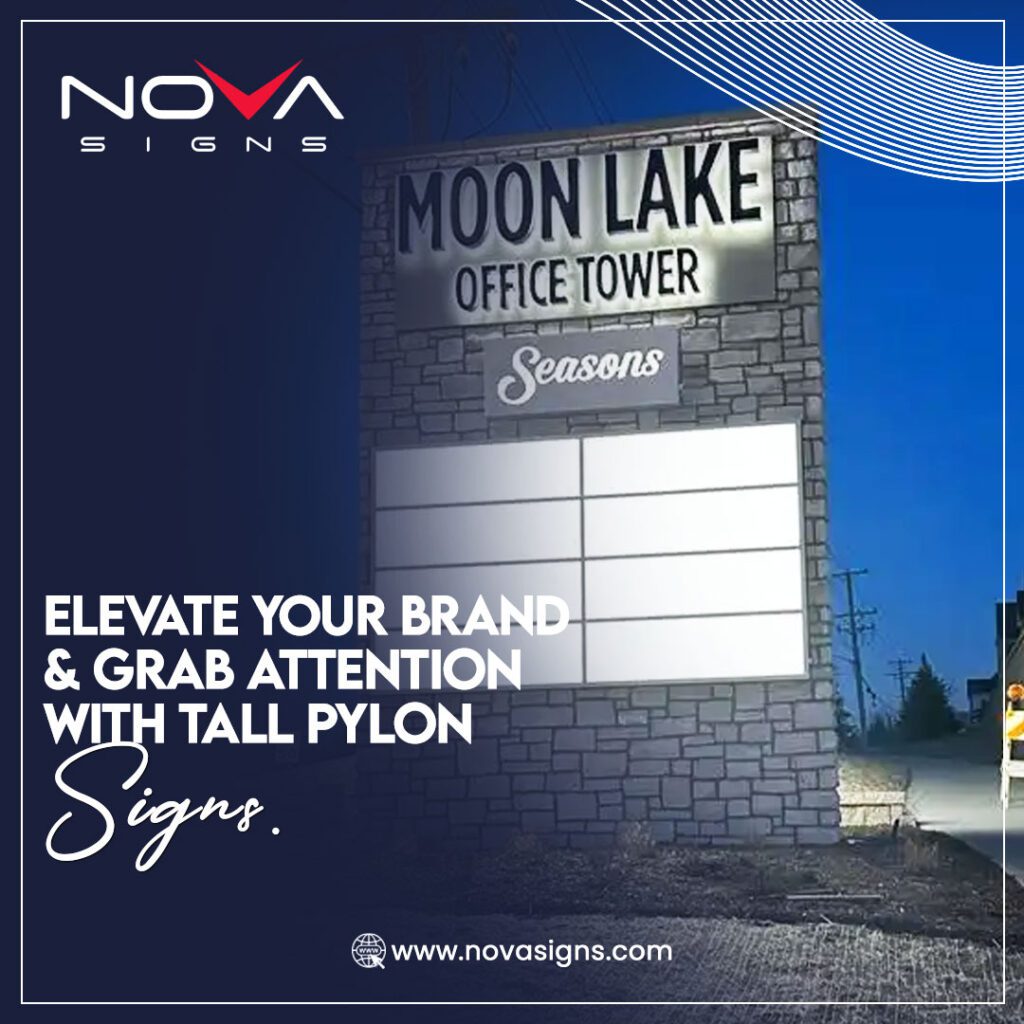 A pylon sign for Moon Lake Office Tower, featuring a prominent, tall design that grabs attention and elevates brand visibility at a distance.