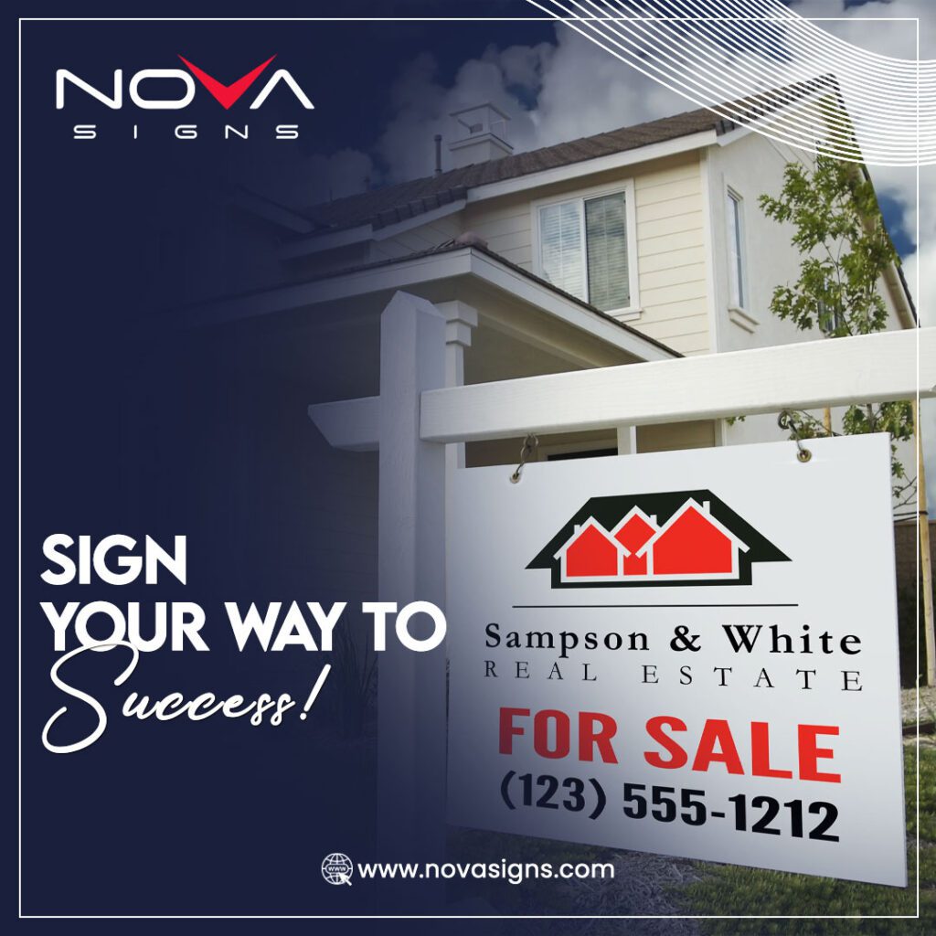 A real estate sign in front of a house promoting the property for sale, with branding from Sampson & White Real Estate.