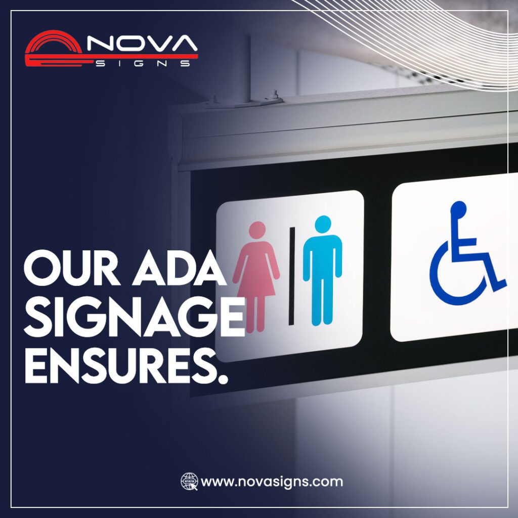 ADA-compliant signage – Accessible restroom signs with gender and wheelchair symbols for inclusive public facilities.