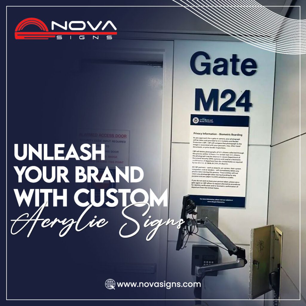 Custom acrylic signage – Sleek, professional gate sign at an airport for clear navigation and branding.