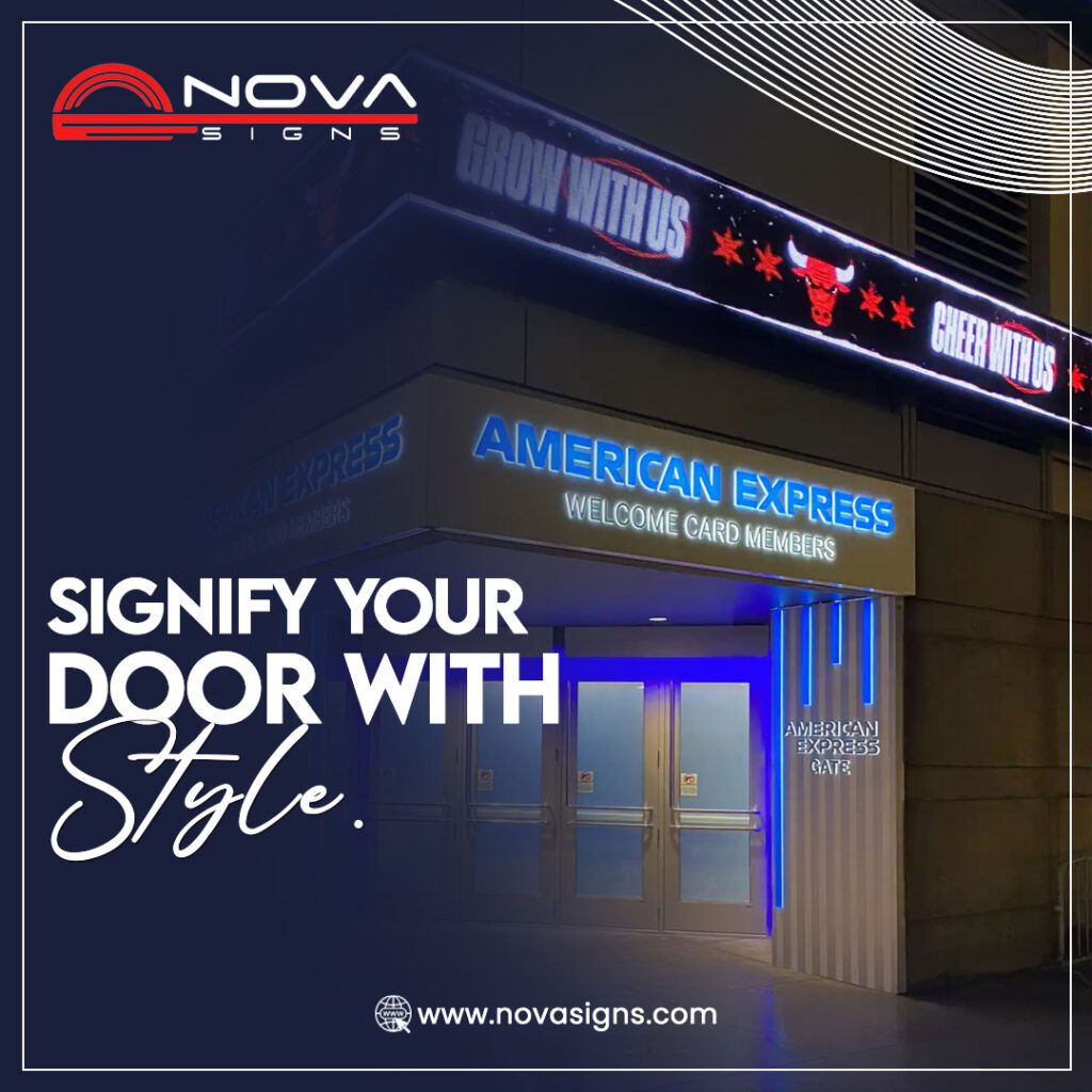 Custom illuminated door signage featuring American Express branding, LED lighting, and bold entrance signs for enhanced visibility and professional appeal.