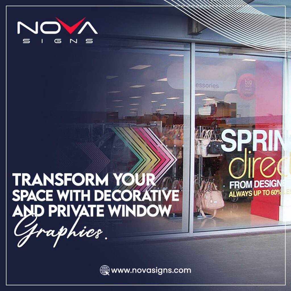 A vibrant retail store window graphic featuring decorative and promotional elements, enhancing branding, privacy, and customer engagement.