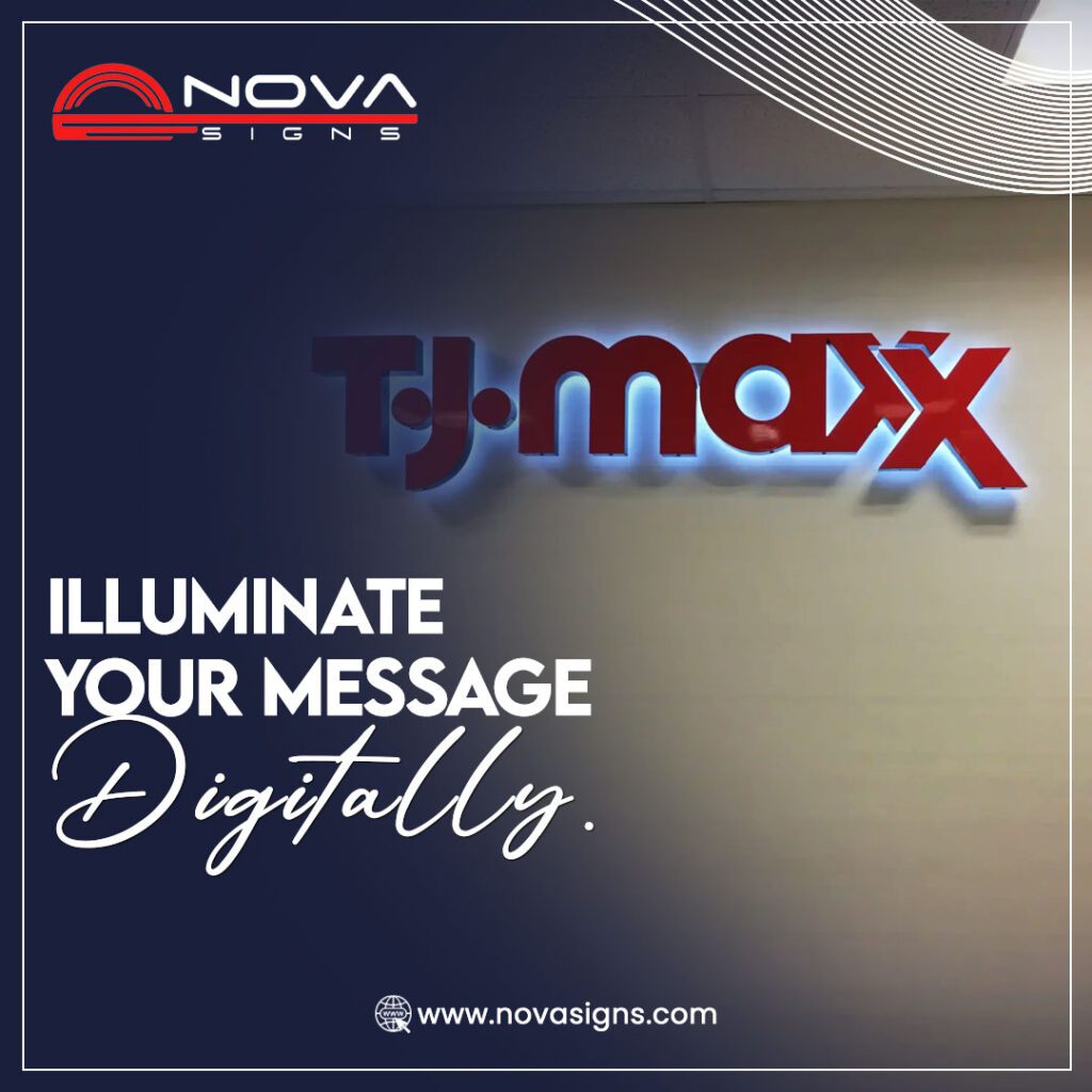 Custom illuminated LED signage for TJ Maxx, featuring a backlit digital sign with a modern and professional branding display for enhanced visibility.