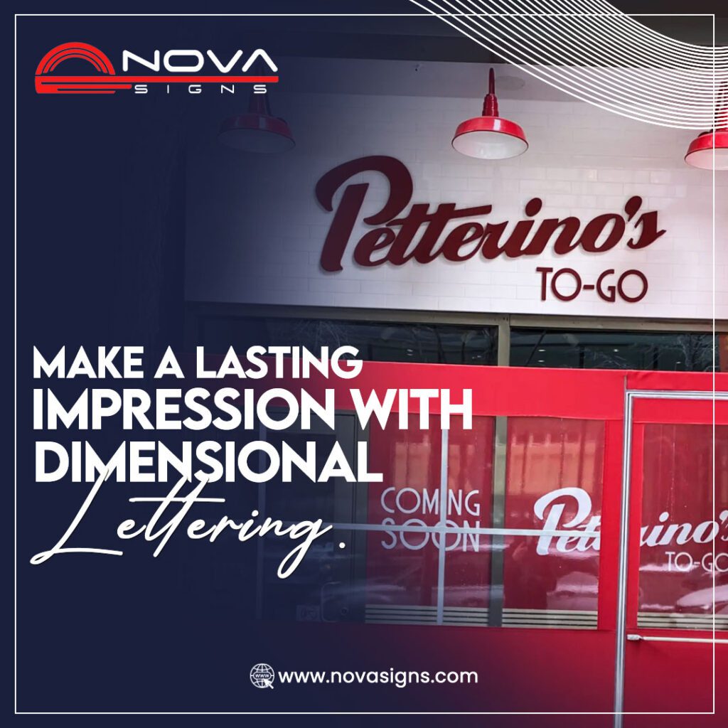 Custom dimensional lettering signage for Petterino’s To-Go, featuring bold 3D lettering in a striking red and white color scheme for a modern storefront display.