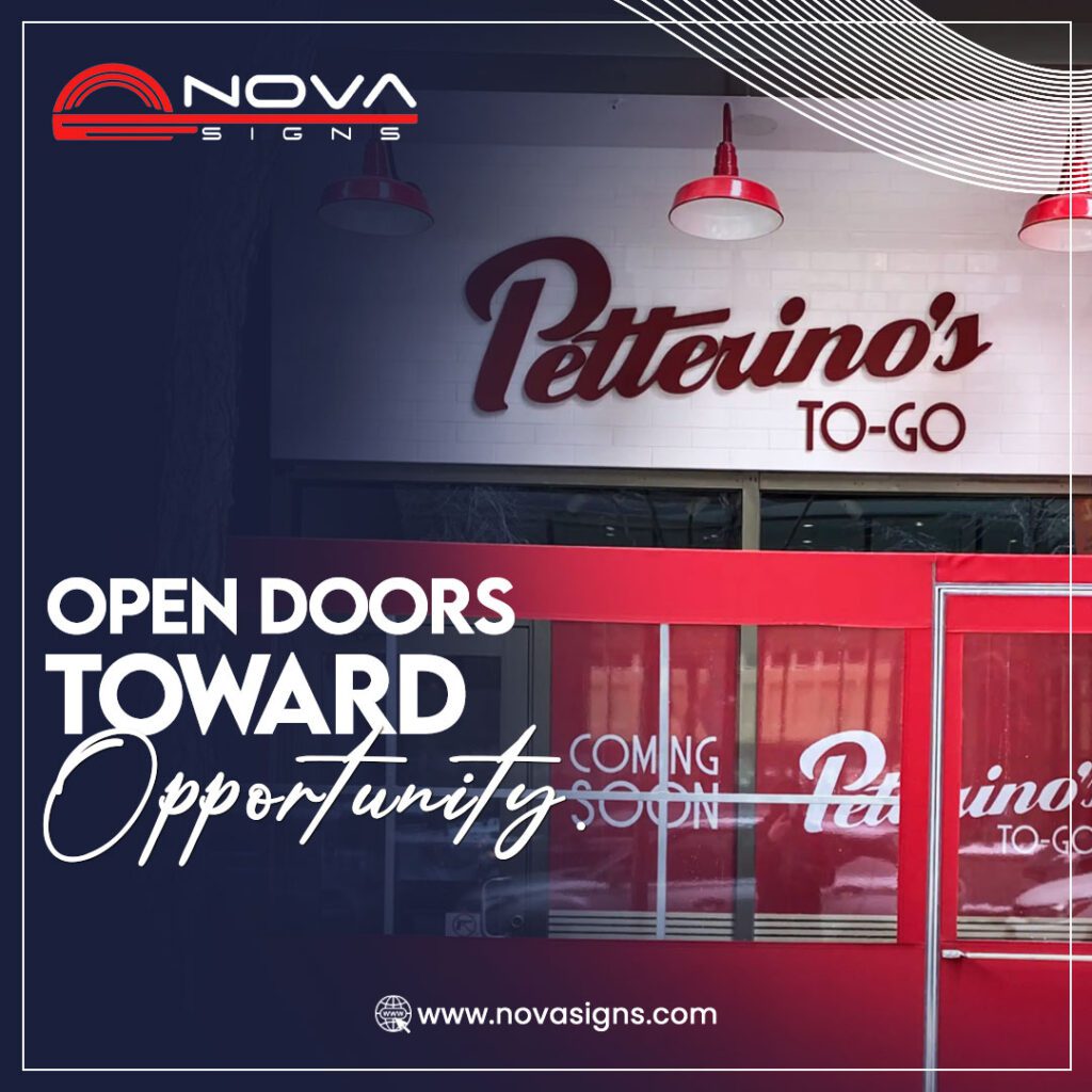 A custom storefront sign for Petterino’s To-Go, featuring bold red 3D lettering and a matching red entrance setup, creating a cohesive brand identity.