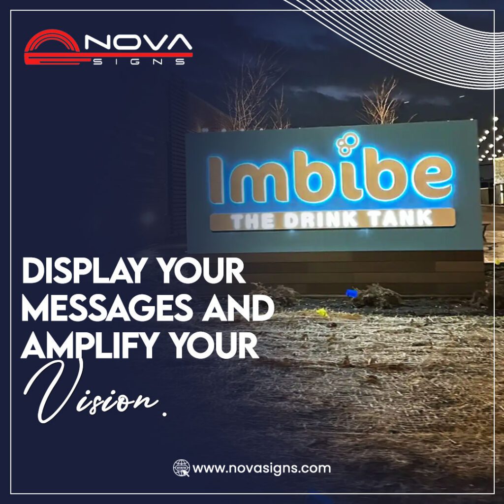 A modern illuminated monument sign for Imbibe – The Drink Tank, featuring vibrant LED backlighting that enhances visibility and brand recognition at night.