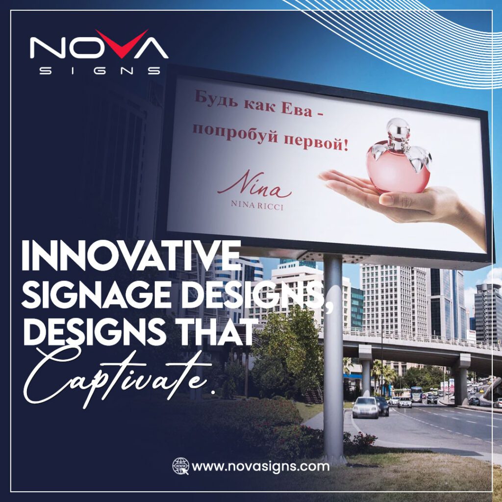 A vibrant digital billboard displaying an innovative signage design for Nina Ricci perfume, showcasing a captivating advertisement in an urban setting.