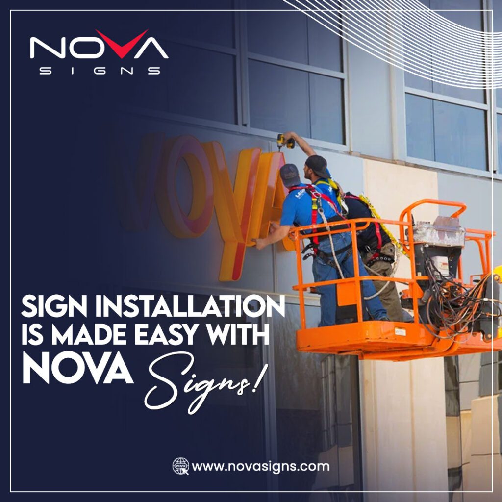 Two workers on a cherry picker installing a Nova Signs logo onto a building, showcasing easy sign installation.