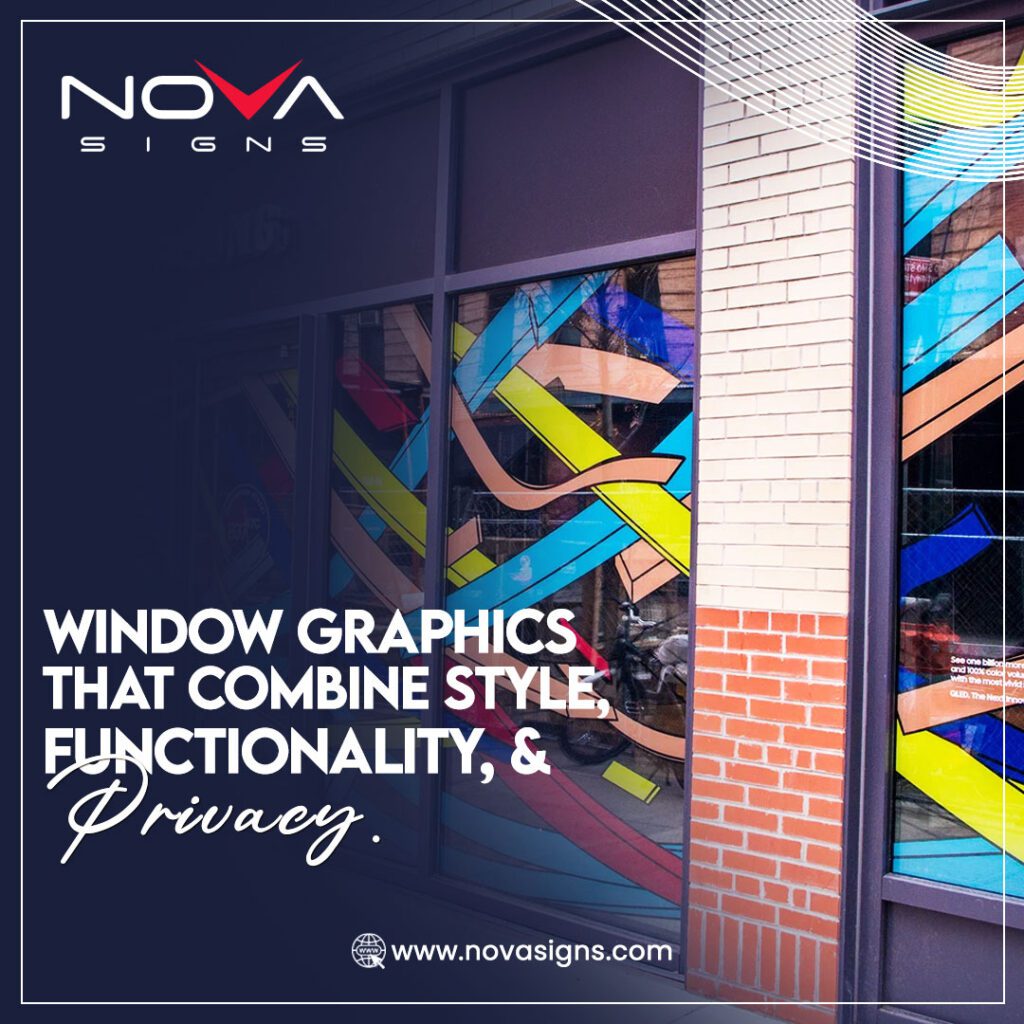 A vibrant window graphic featuring bold, colorful patterns that combine privacy, functionality, and style, enhancing the storefront design.