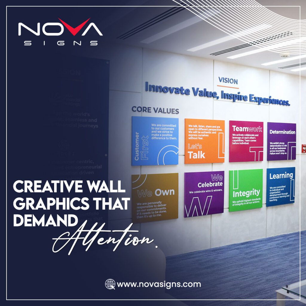 Custom wall graphics – Vibrant office wall displays for branding, core values, and motivational messaging in corporate spaces.