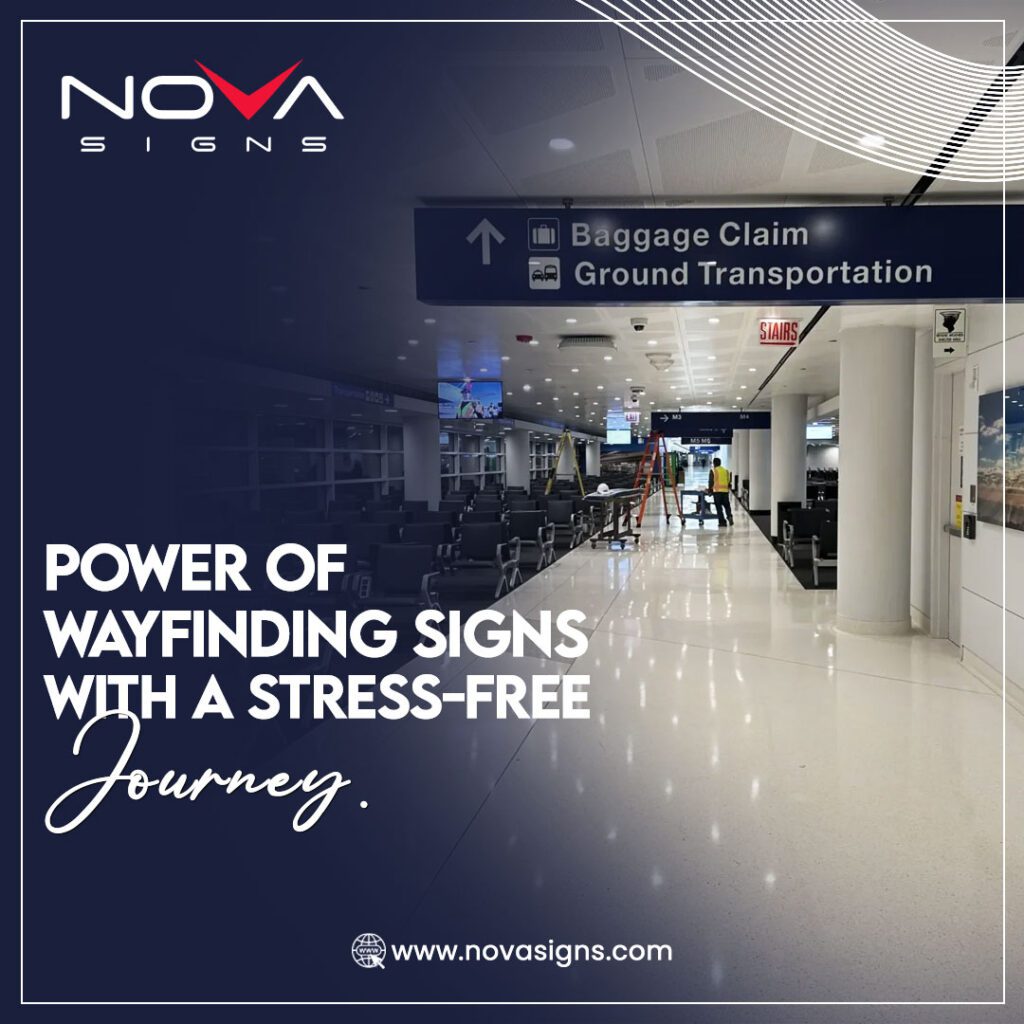 Wayfinding signs in an airport directing passengers toward Baggage Claim and Ground Transportation, showcasing the convenience of clear signage for easy navigation.