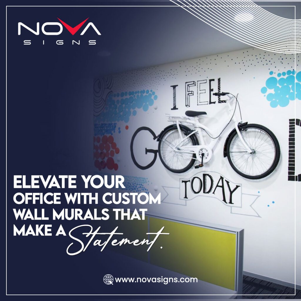 Custom office wall mural – Creative 3D wall art with typography and interactive elements for modern workplaces.